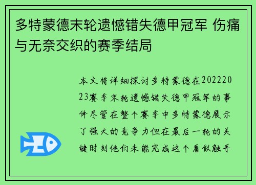 多特蒙德末轮遗憾错失德甲冠军 伤痛与无奈交织的赛季结局 多特蒙德末轮遗憾错失德甲冠军 伤痛与无奈交织的赛季结局