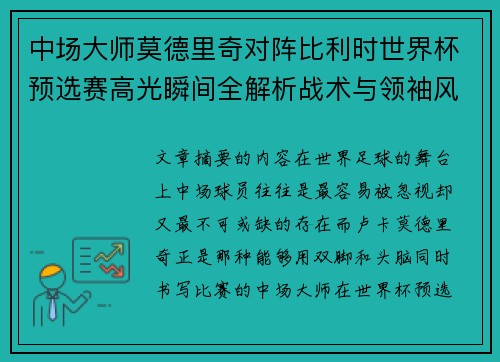 中场大师莫德里奇对阵比利时世界杯预选赛高光瞬间全解析战术与领袖风采