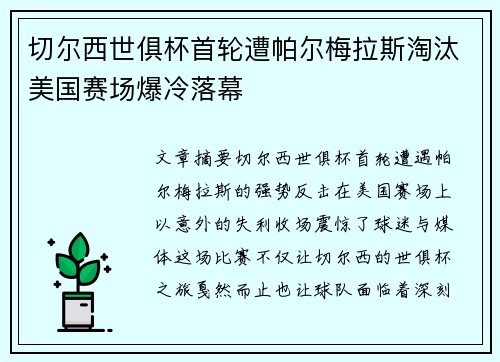 切尔西世俱杯首轮遭帕尔梅拉斯淘汰美国赛场爆冷落幕