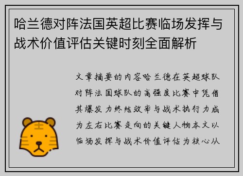 哈兰德对阵法国英超比赛临场发挥与战术价值评估关键时刻全面解析 哈兰德对阵法国英超比赛临场发挥与战术价值评估关键时刻全面解析